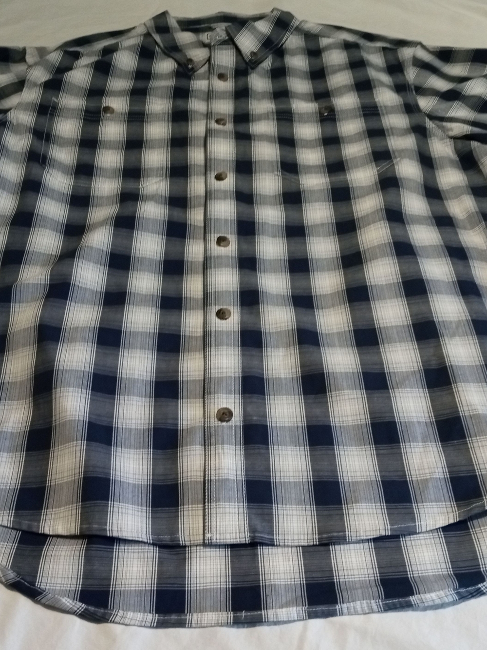 Men's Navy and White Plaid Button-Down Shirt